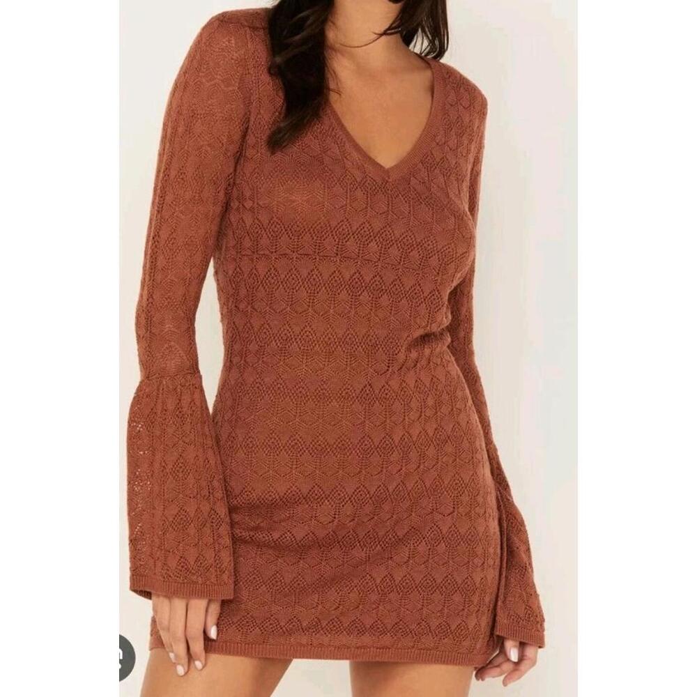 Shyanne Women's Lace Dress Small Brown Bell‎ Sleeve Mini Dress